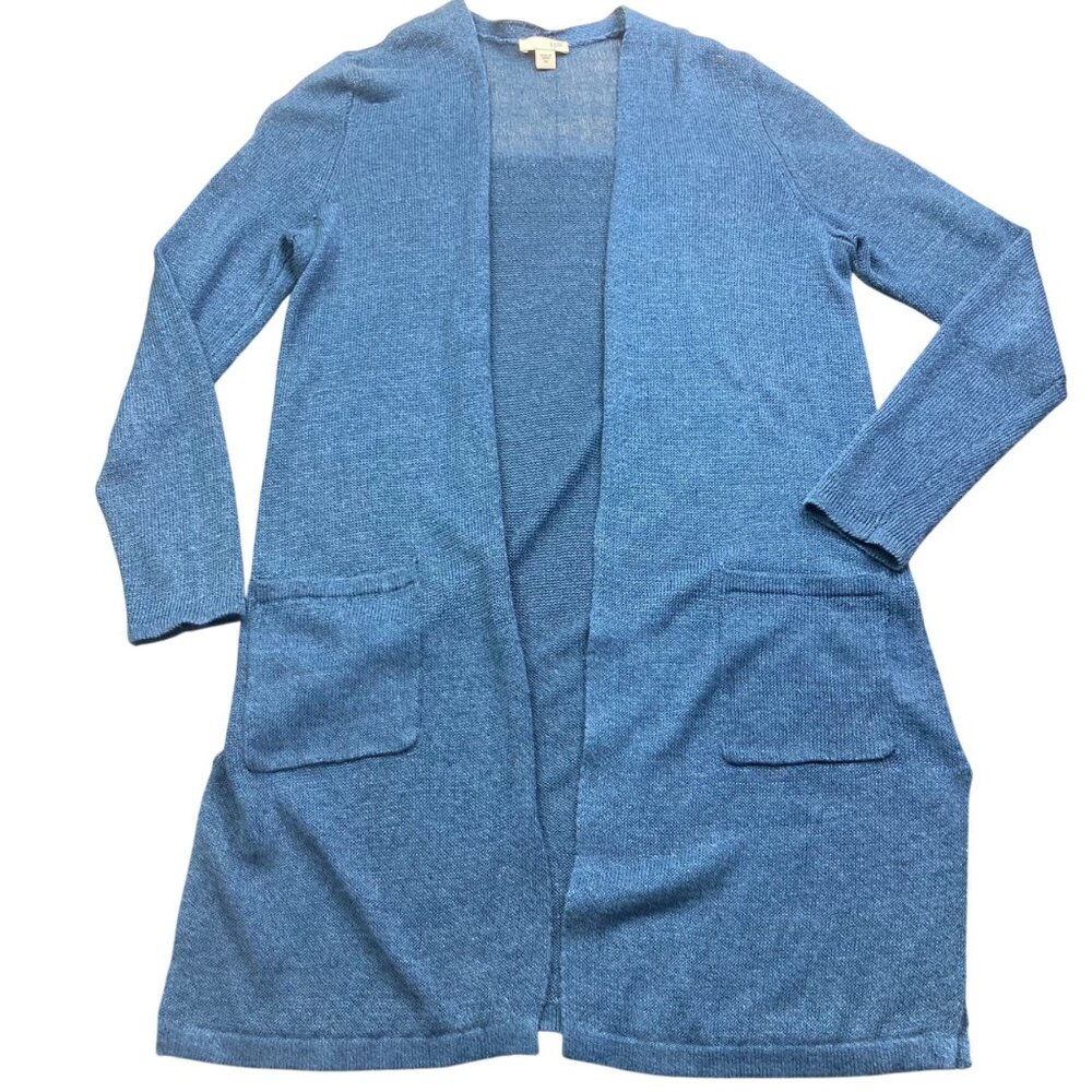 J. Jill Blue Linen Blend Knit Open Front Duster Cardigan Sweater Women's Size XS